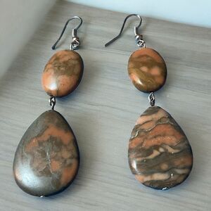 Rainforest Jasper Earrings Teardrop Shape Dangle Silver Tone Hardware